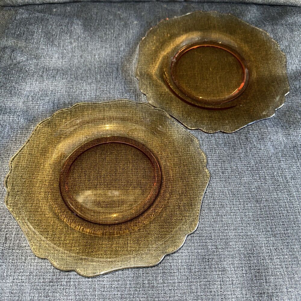 New Martinsville Salad Plates 2 Amber Depression Glass Scalloped Edges EUC 1930s